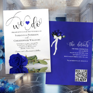 We Do! Elegant Royal Blue Rose QR Code Wedding Invitation