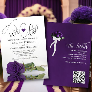 We Do! Elegant Royal Purple Rose QR Code Wedding Invitation