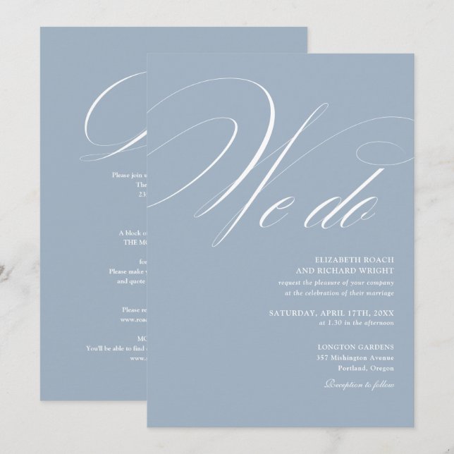 We Do Elegant Script All In One Dusty Blue Wedding Invitation (Front/Back)