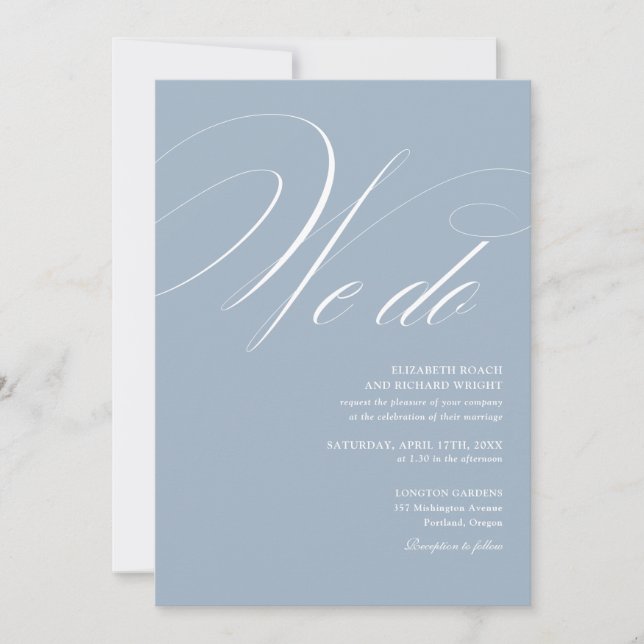 We Do Elegant Script QR Code Dusty Blue Wedding Invitation (Front)
