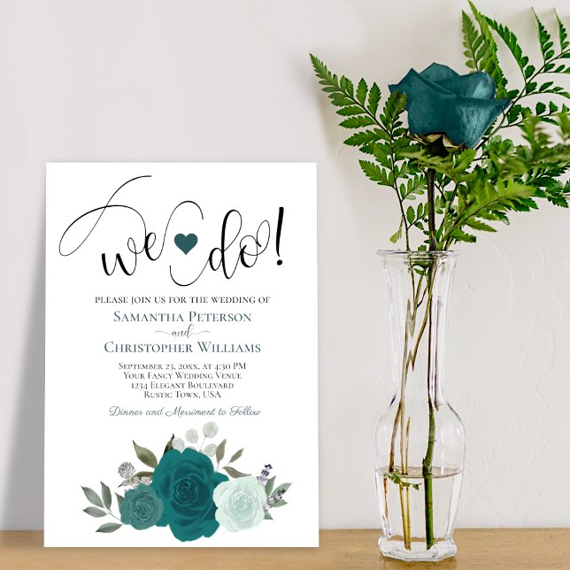 We Do! Elegant Teal & Aqua Roses Boho Wedding Invitation (Creator Uploaded)