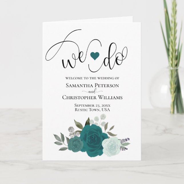 We Do Elegant Teal & Aqua Roses Boho Wedding Programme (Front)
