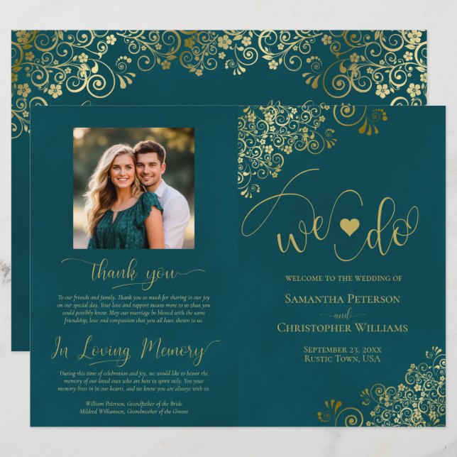 We Do Elegant Teal & Gold DIY Fold Wedding Program (Front/Back)