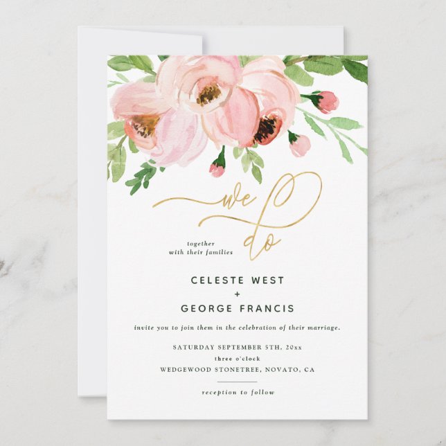 We do floral watercolor and gold wedding invite (Front)