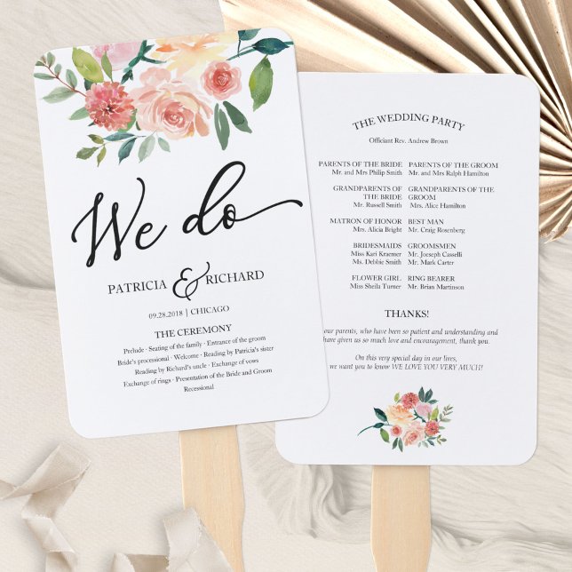 We Do Floral Watercolor Wedding Program Hand Fan (Creator Uploaded)