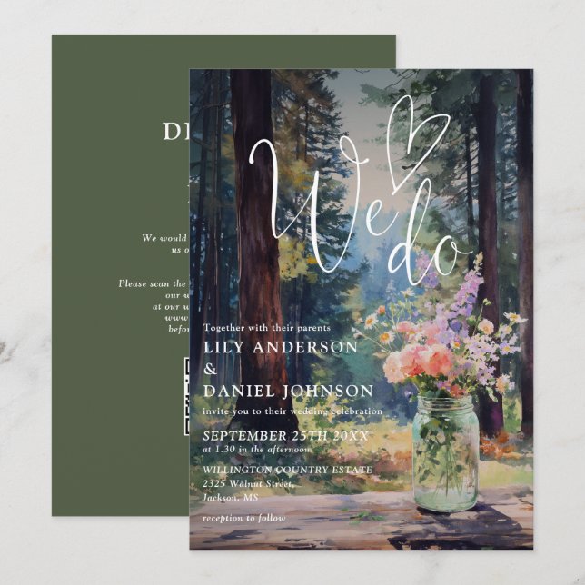 We Do Forest Floral Mason Jar QR Code Wedding Invitation (Front/Back)