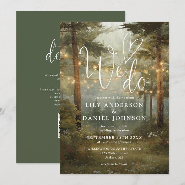 We Do Forest String Lights QR Code Wedding Invitation (Front/Back)