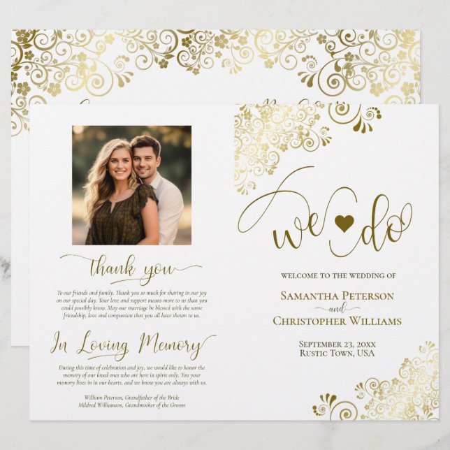We Do! Glam Gold & White DIY Fold Wedding Program (Front/Back)