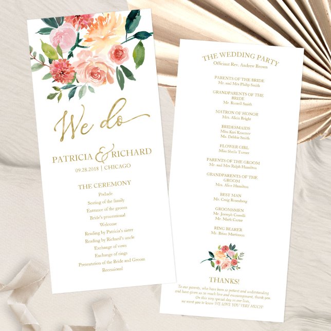 We Do Gold Floral Watercolor Wedding Program 4x9 Programme (Creator Uploaded)
