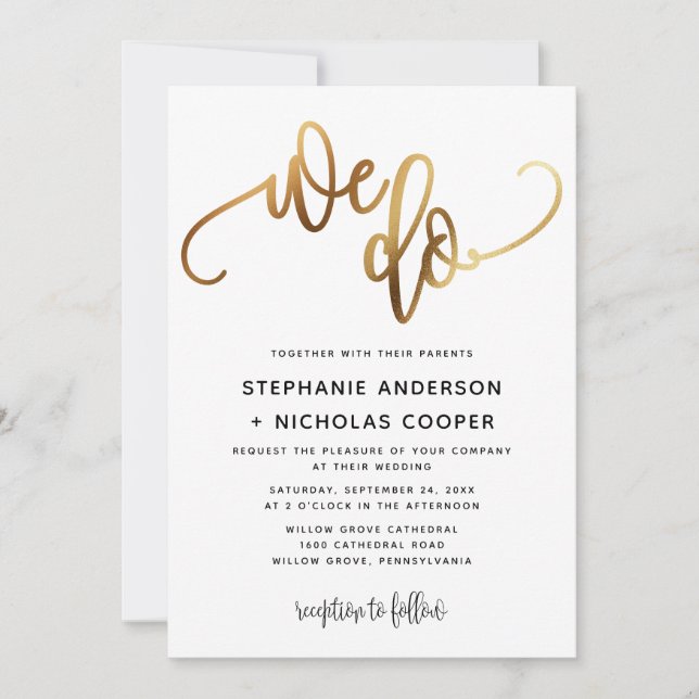 We Do Gold Lovely Script Typography Wedding Invitation (Front)