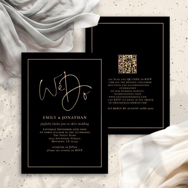 We Do Gold Script Line Border QR Black Wedding Invitation (Front and back view)