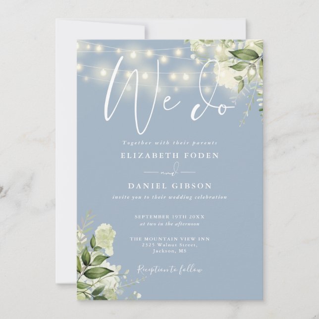 We Do Greenery Lights QR Code Dusty Blue Wedding Invitation (Front)