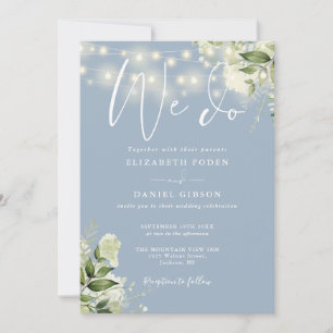 We Do Greenery Lights QR Code Dusty Blue Wedding Invitation
