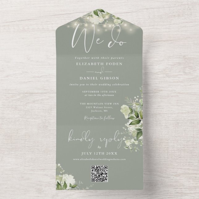 We Do Greenery Lights QR Code Sage Green Wedding All In One Invitation (Inside)