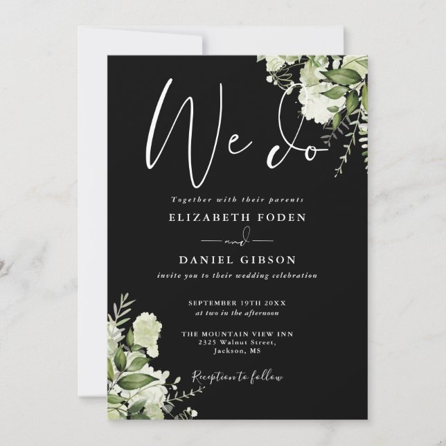 We Do Greenery QR Code Black And White Wedding Invitation (Front)