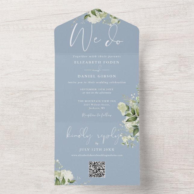 We Do Greenery QR Code Monogram Dusty Blue Wedding All In One Invitation (Inside)