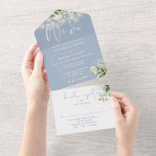 We Do Greenery String Lights Dusty Blue Wedding All In One Invitation