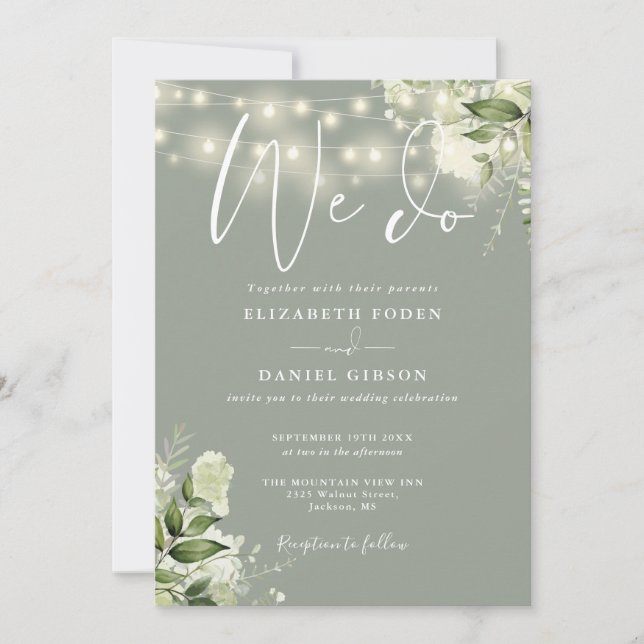 We Do Greenery String Lights Sage Green Wedding Invitation (Front)
