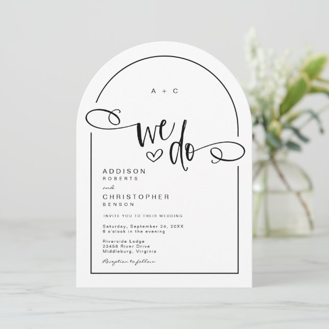 We Do Heart Black White Modern Script Wedding Invitation (Standing Front)