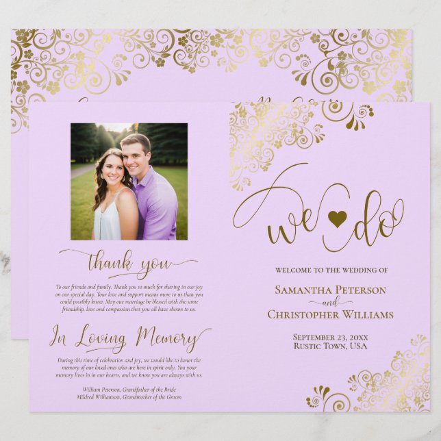 We Do! Lilac & Gold Posh DIY Fold Wedding Program (Front/Back)
