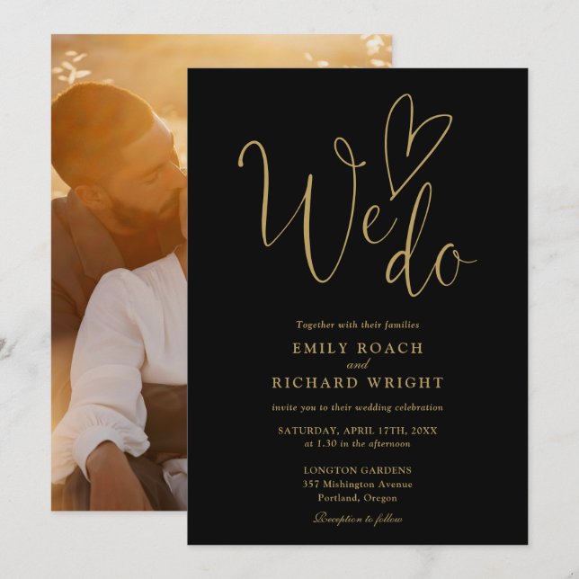 We Do Love Heart Photo Black And Gold Wedding Invitation (Front/Back)
