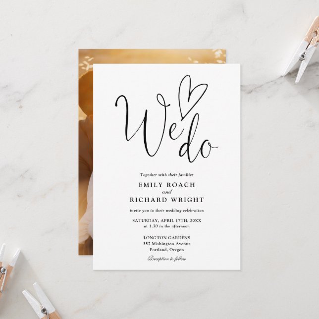 We Do Love Heart Photo Black And White Wedding Invitation (Front/Back In Situ)