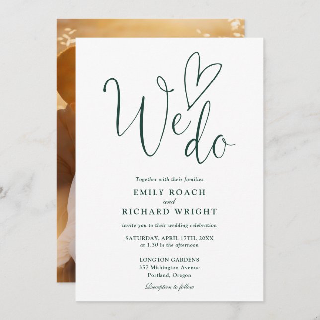 We Do Love Heart Photo Emerald Green Wedding Invitation (Front/Back)