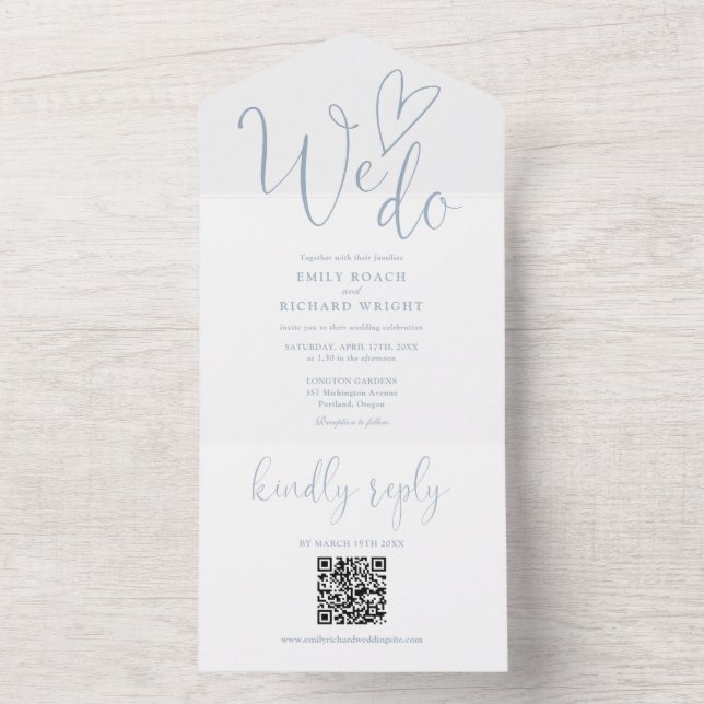 We Do Love Heart QR Code Dusty Blue Wedding All In One Invitation (Inside)