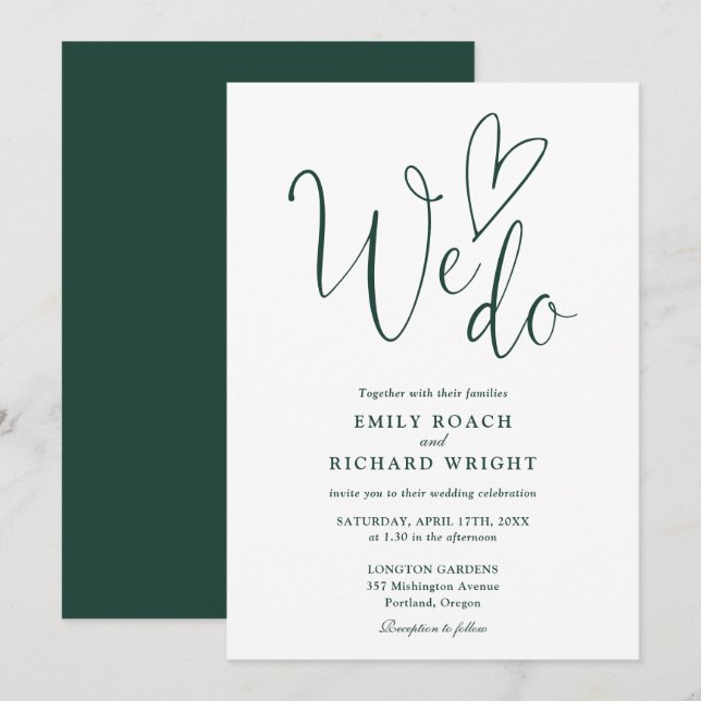 We Do Love Heart Script Emerald Green Wedding Invitation (Front/Back)
