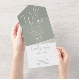 We Do Love Heart Script Sage Green Wedding All In One Invitation