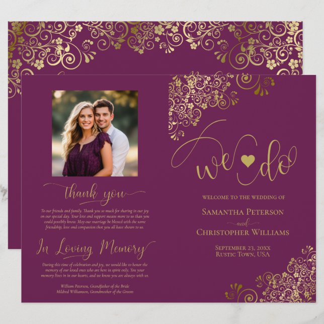 We Do Magenta Plum & Gold DIY Fold Wedding Program (Front/Back)