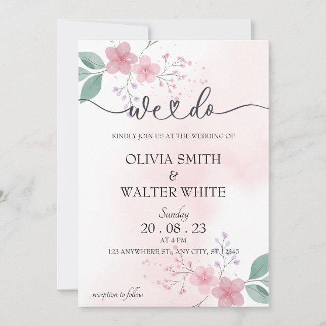 We Do, Minimalist Pink Floral Wedding Invitation (Front)