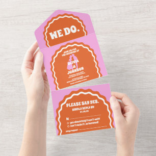 We Do Modern Bold Pink Orange Retro Wavy Arch All In One Invitation