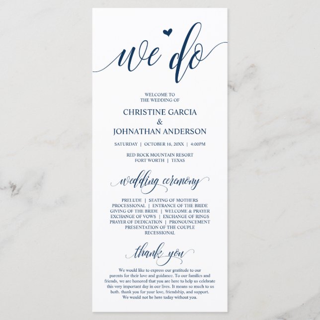 We do, Modern Navy Blue Script, Wedding Ceremony Programme (Front)
