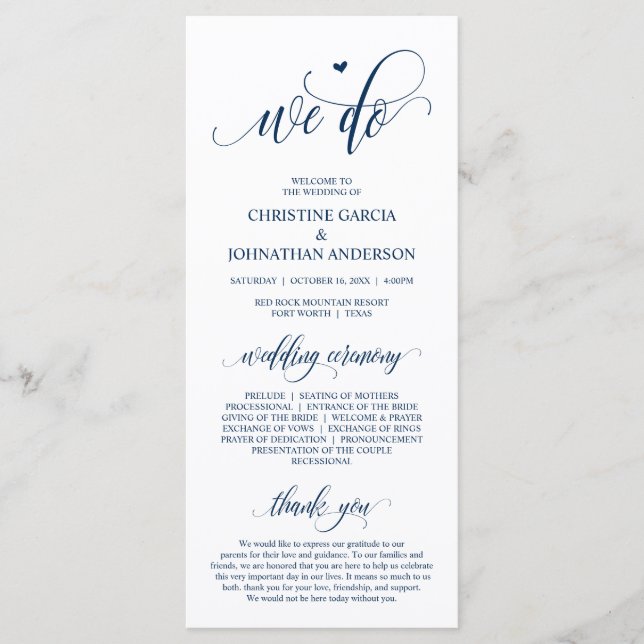 We do, Modern Navy Blue Script, Wedding Ceremony Programme (Front)