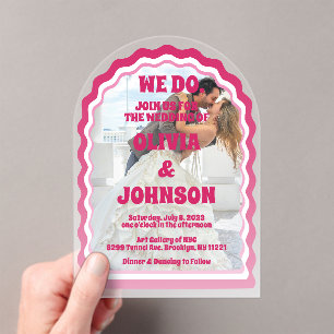 We Do Modern Pink Magenta Retro Wavy Arch Photo Acrylic Invitations