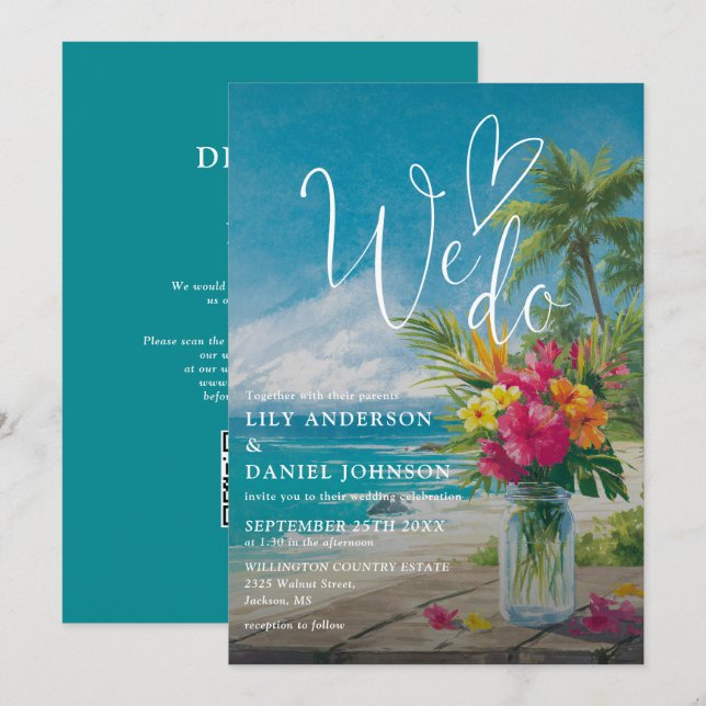 We Do Modern Tropical Beach Floral QR Code Wedding Invitation (Front/Back)