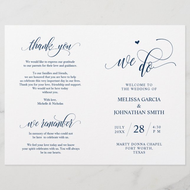 We do, Navy Blue, Foldable Wedding Program Card (Front)