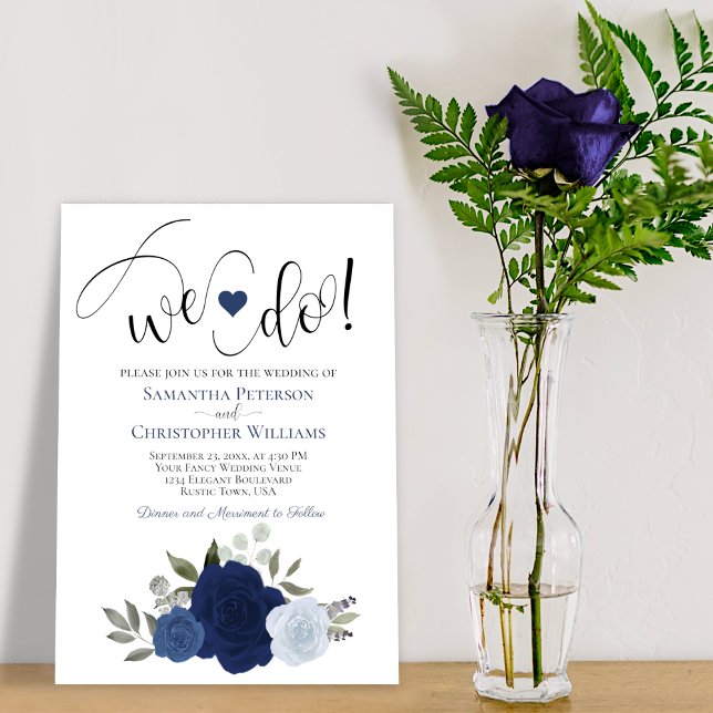 We Do! Navy & Dusty Blue Boho Roses Floral Wedding Invitation (Creator Uploaded)