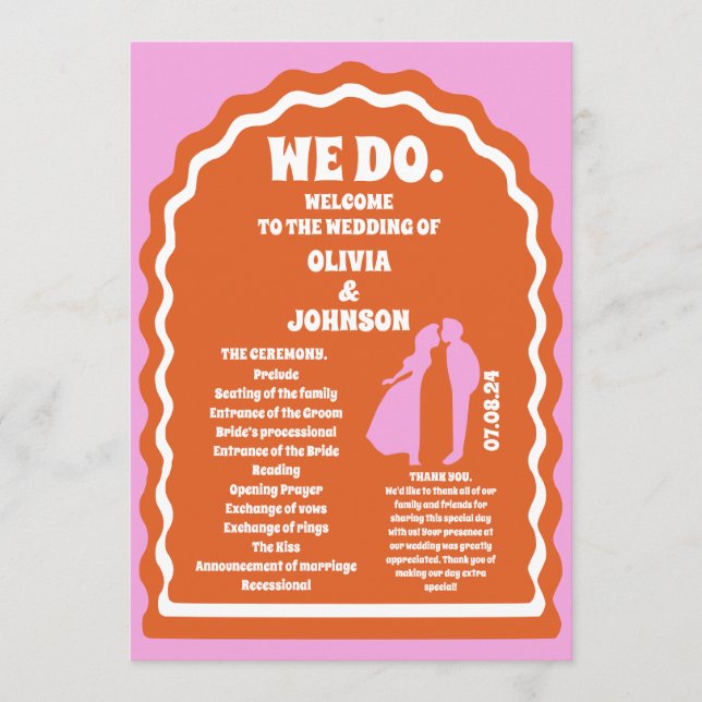 We Do Orange Retro Arch Wedding Order of Service Programme (Front)
