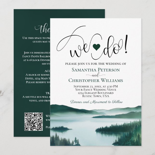 We Do! Peaceful Mountain Lake QR Code Wedding Invitation (Front/Back)