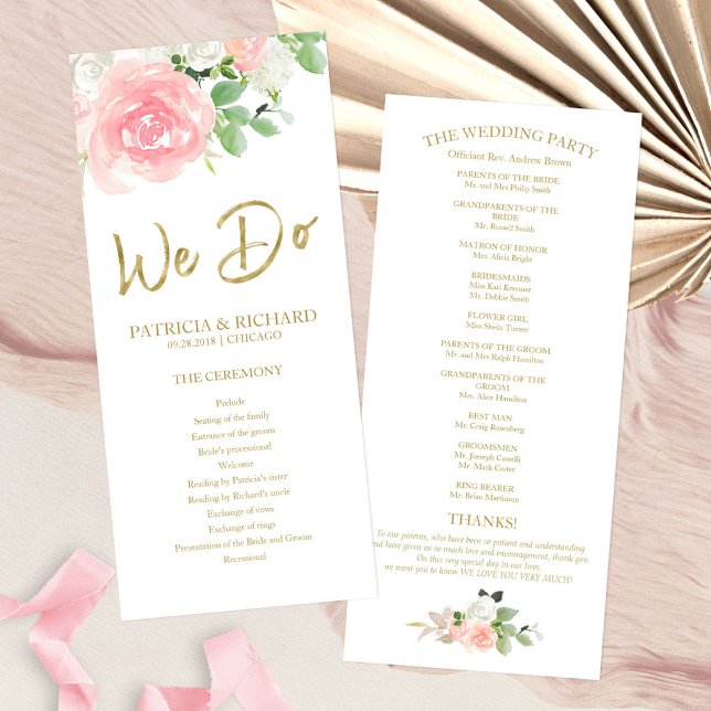 We Do Pink Blush Roses Floral Gold Wedding Program (Creator Uploaded)