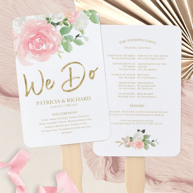 We Do Pink Blush Roses Floral Gold Wedding Program Hand Fan (Creator Uploaded)