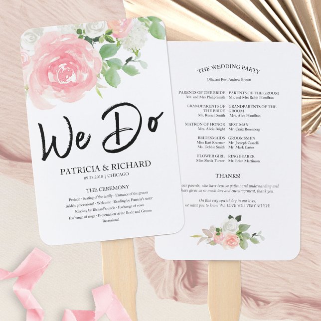We Do Pink Blush Roses Floral Wedding Program Hand Fan (Creator Uploaded)