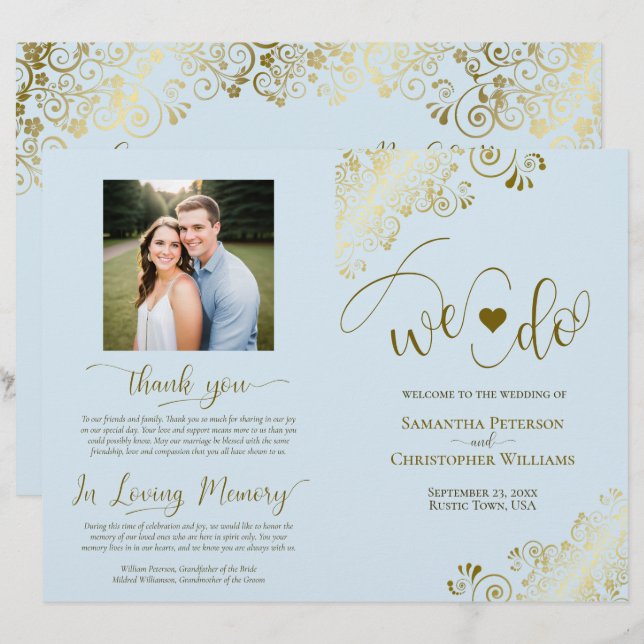 We Do! Powder Blue & Gold DIY Fold Wedding Program (Front/Back)