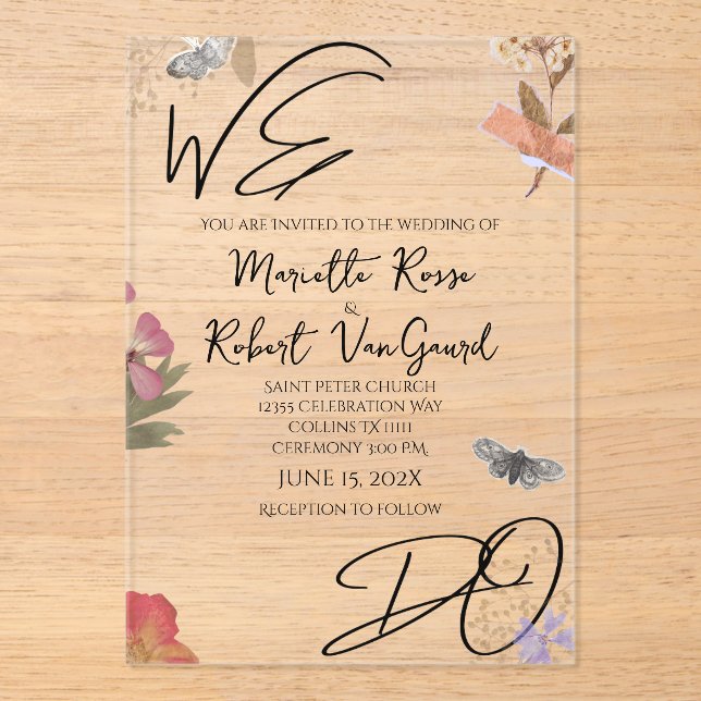 WE DO Pressed Flowers Shabby Garden Chic Wedding  Acrylic Invitations (Front)