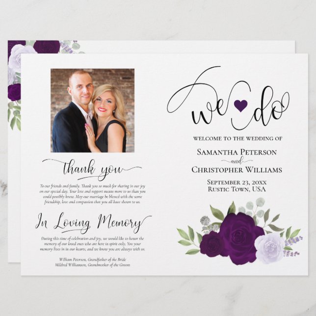 We Do! Purple Boho Roses DIY Fold Wedding Program (Front/Back)