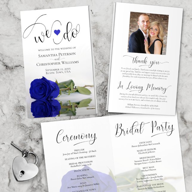 We Do! Royal Blue Rose DIY Fold Wedding Program (Front/Back/Inside. Ships flat, you fold it yourself.)
