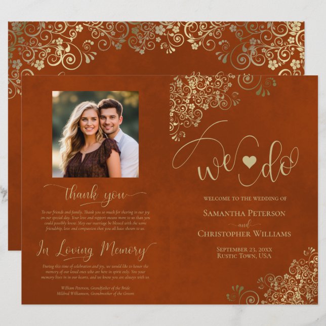 We Do! Rust Orange & Gold DIY Fold Wedding Program (Front/Back)