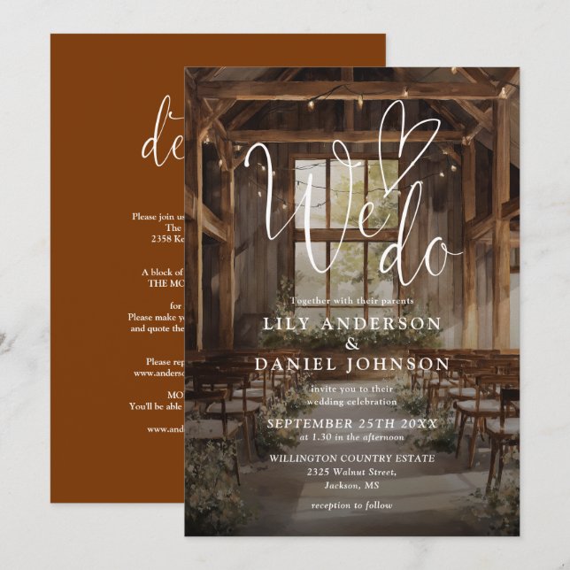 We Do Rustic Barn String Lights All In One Wedding Invitation (Front/Back)
